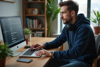 Jeune homme concentré travaillant sur son ordinateur dans un bureau moderne
