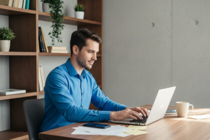 Jeune homme concentré travaillant sur son ordinateur dans un bureau moderne