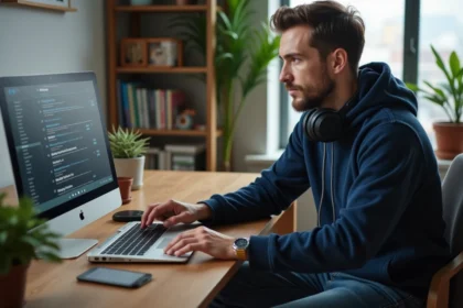 Jeune homme concentré travaillant sur son ordinateur dans un bureau moderne