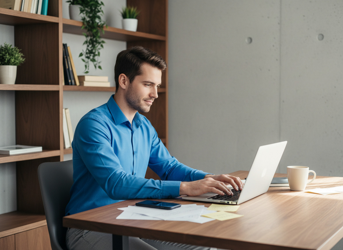 Jeune homme concentré travaillant sur son ordinateur dans un bureau moderne