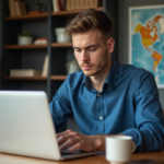 Jeune homme concentré sur son ordinateur dans un bureau moderne