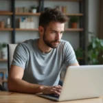 Jeune homme concentré sur son ordinateur dans un salon lumineux
