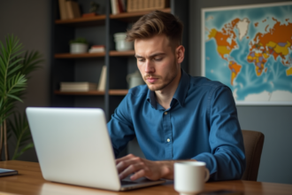 Jeune homme concentré sur son ordinateur dans un bureau moderne