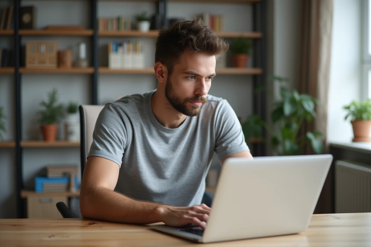Jeune homme concentré sur son ordinateur dans un salon lumineux