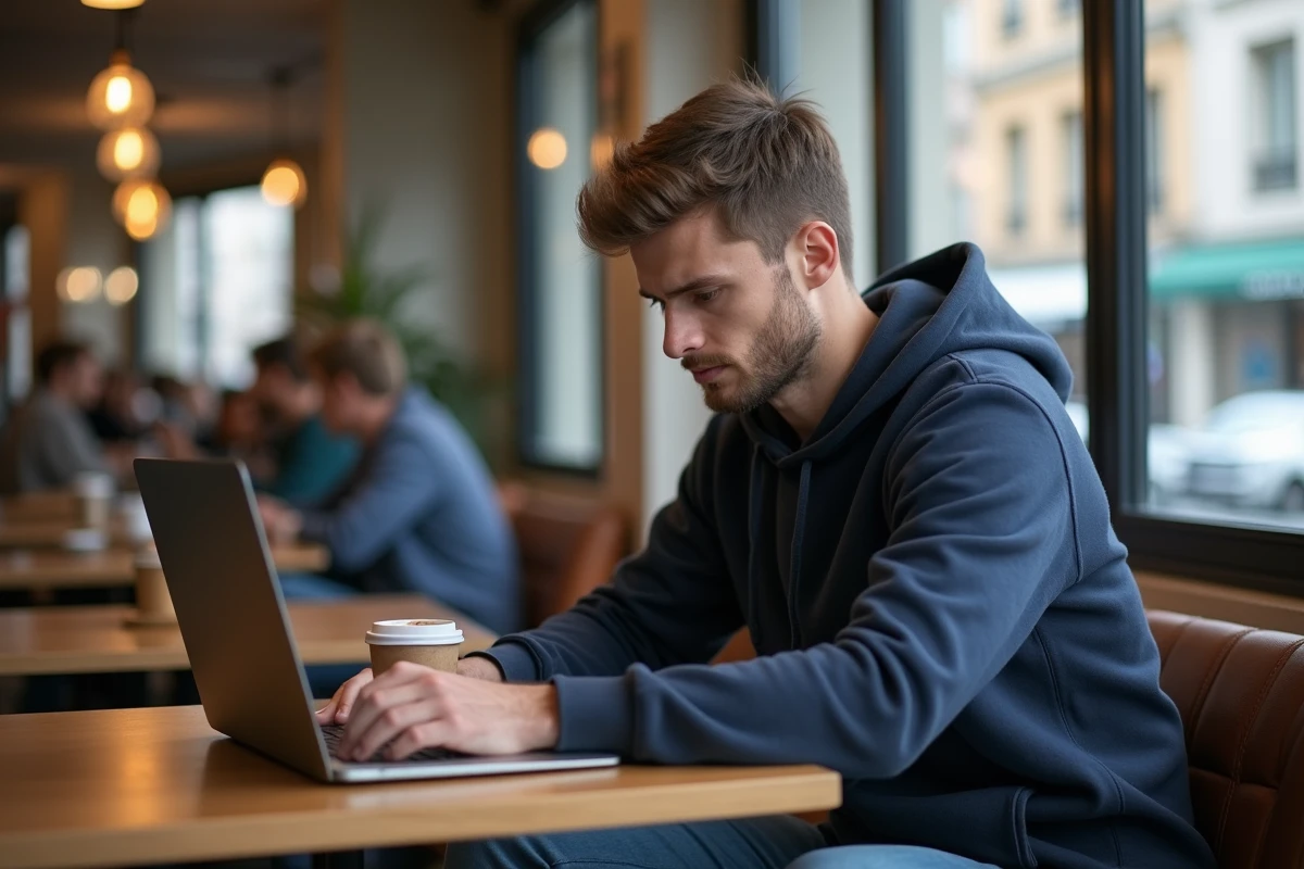 Jeune homme frustré travaillant au café à Nantes