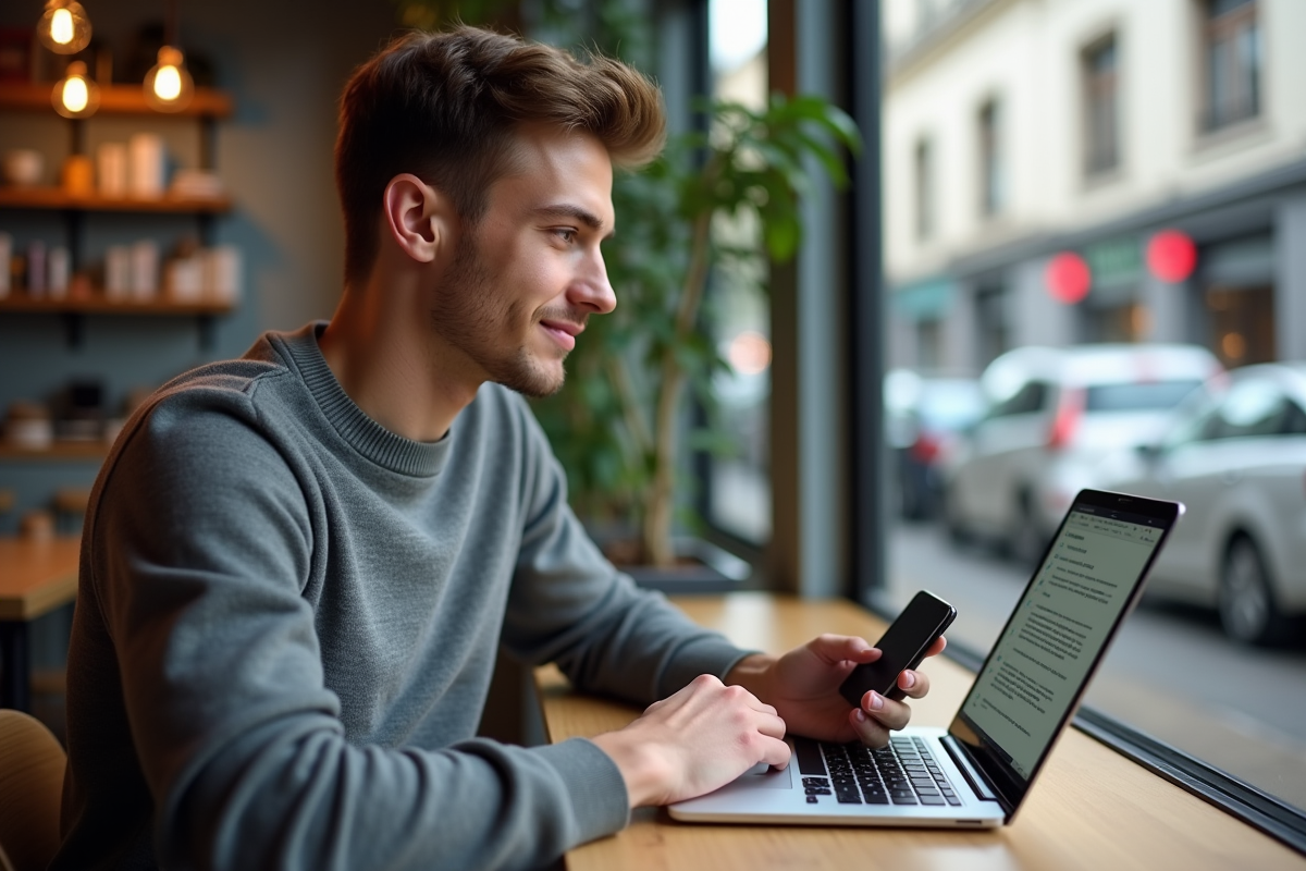 Jeune homme au café avec téléphone et ordinateur portable