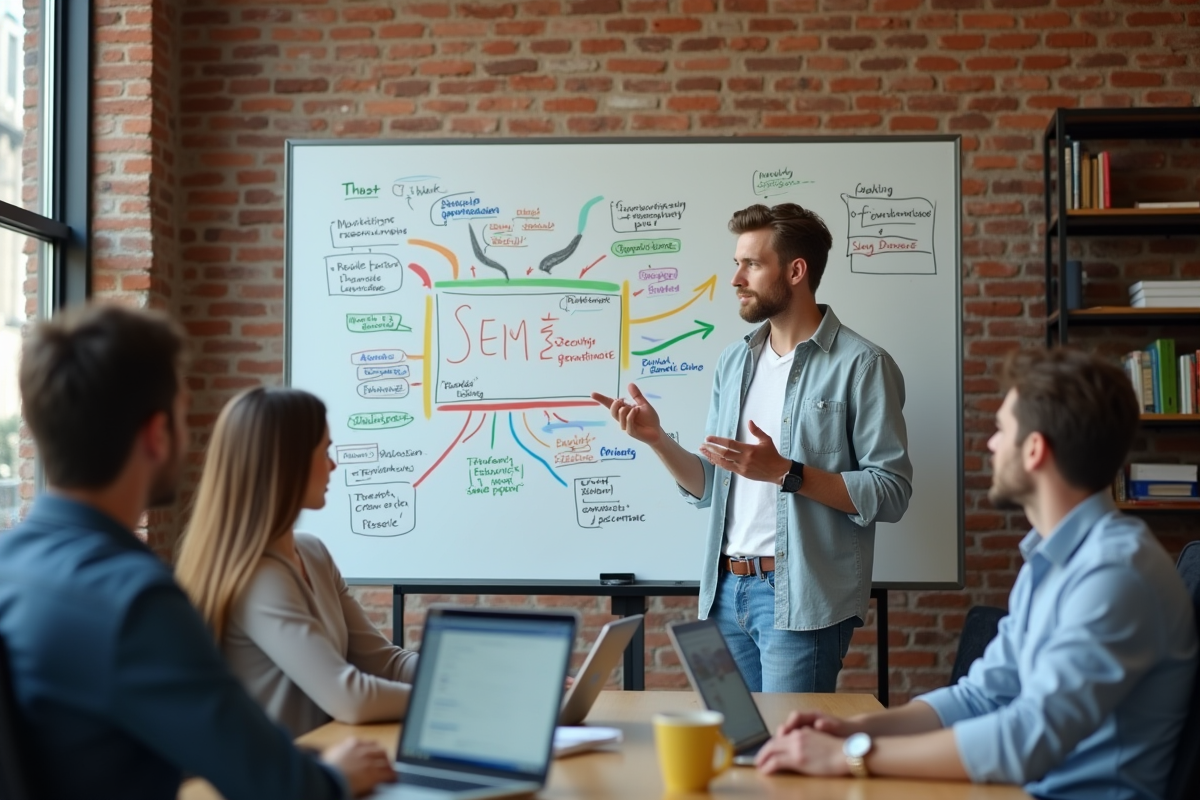 Jeune homme expliquant des stratégies SEO devant un tableau blanc
