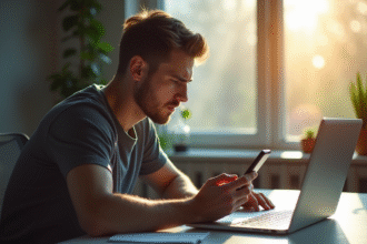 Jeune homme frustré avec smartphone et ordinateur dans un intérieur moderne