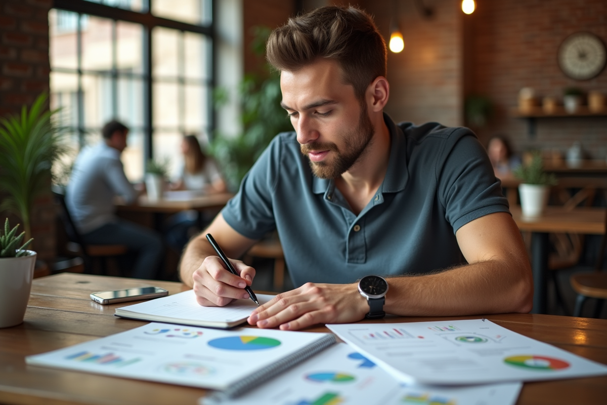 Jeune homme prenant des notes dans un café avec documents SEO