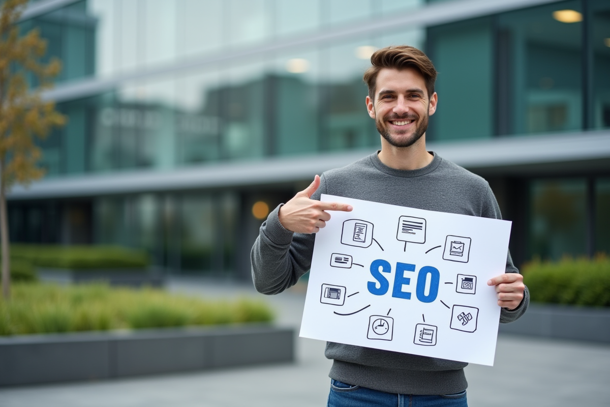 Jeune homme en extérieur montrant une carte mentale SEO