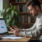 Jeune homme au bureau utilisant son smartphone dans un bureau moderne