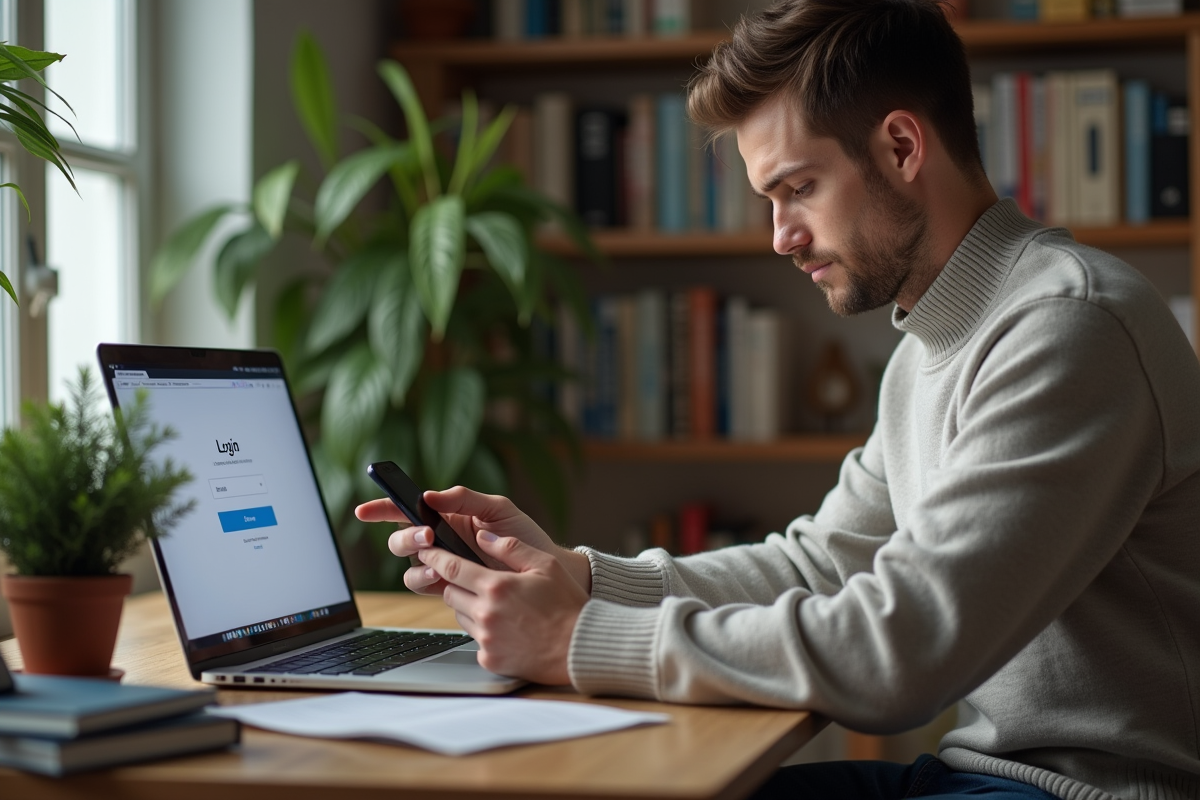 Jeune homme au bureau utilisant son smartphone dans un bureau moderne