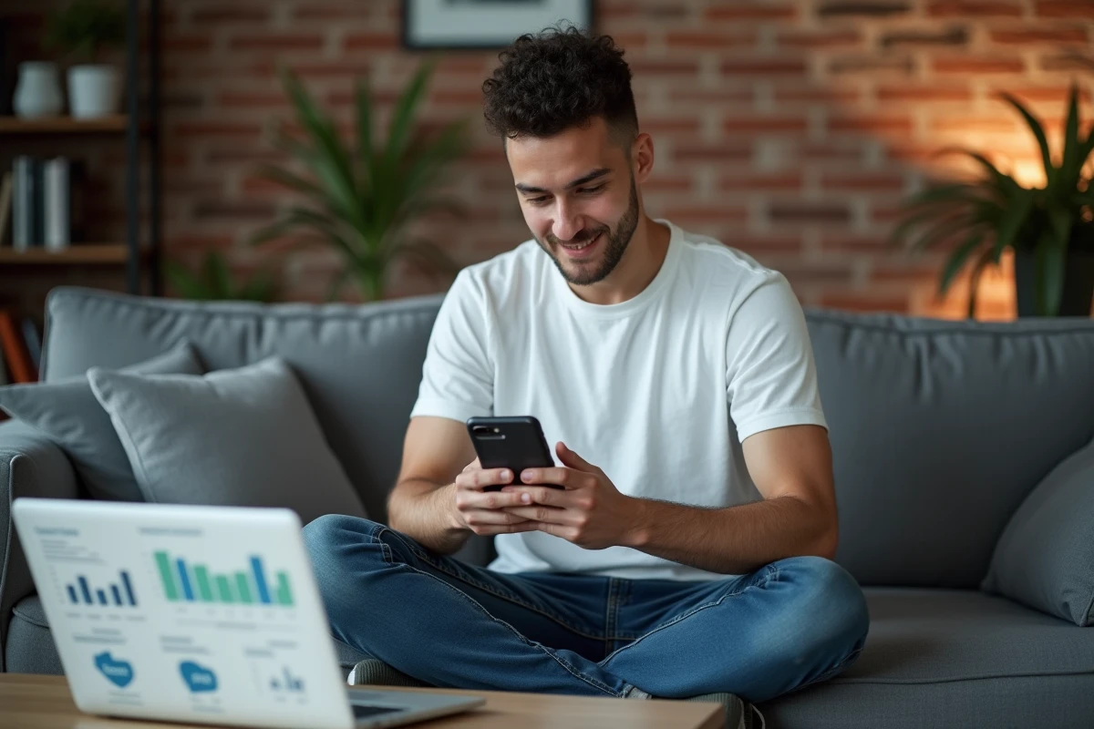 Jeune homme consultant un smartphone reconditionné dans un salon avec un ordinateur portable ouvert
