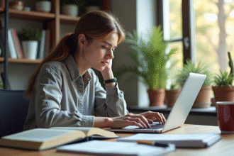 Jeune professionnel utilisant un ordinateur pour le SEO dans un espace lumineux