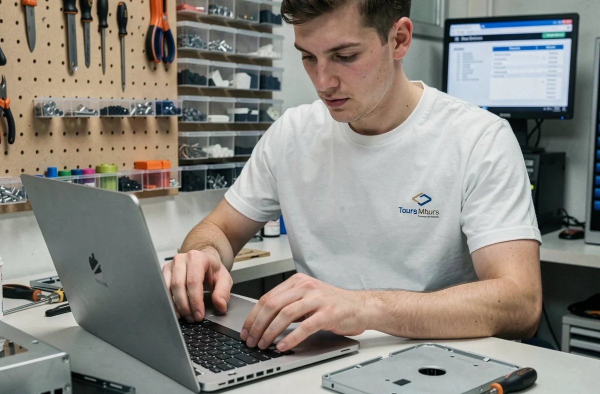 Technicien de J'M Informatique en train de réparer un ordinateur portable sur un comptoir d'atelier à Tours