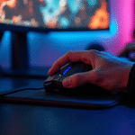 Mains de joueur manipulant clavier et souris avec écran de jeu en arrière-plan