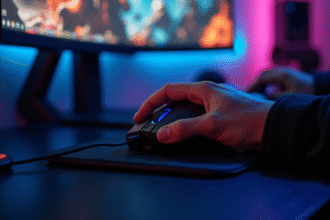 Mains de joueur manipulant clavier et souris avec écran de jeu en arrière-plan