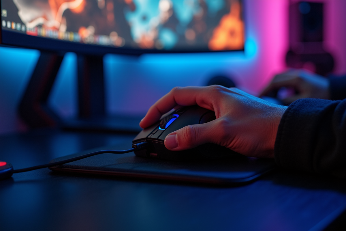 Mains de joueur manipulant clavier et souris avec écran de jeu en arrière-plan
