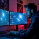 Joueur assis devant deux écrans 1080p en configuration étendue 21/9 jouant à Eve Online dans un bureau gaming sombre