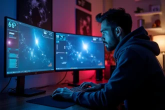 Joueur assis devant deux écrans 1080p en configuration étendue 21/9 jouant à Eve Online dans un bureau gaming sombre