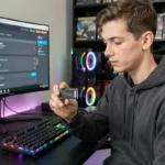Joueur tenant un disque SSD dans les mains devant un setup gaming avec écran ultrawide