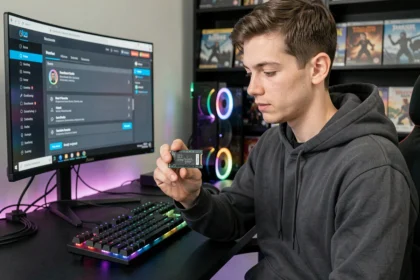 Joueur tenant un disque SSD dans les mains devant un setup gaming avec écran ultrawide