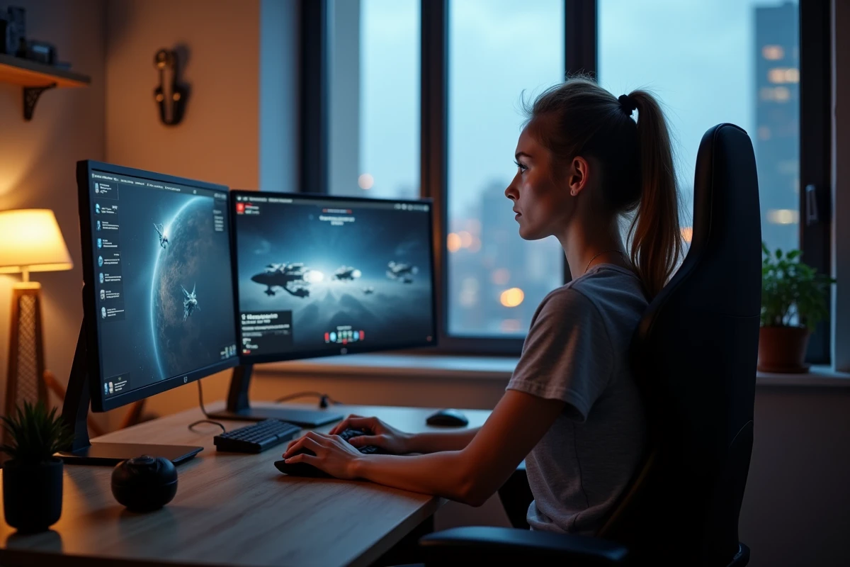 Joueuse devant un setup double écran 1080p jouant à Eve Online dans un appartement avec vue sur la ville en soirée