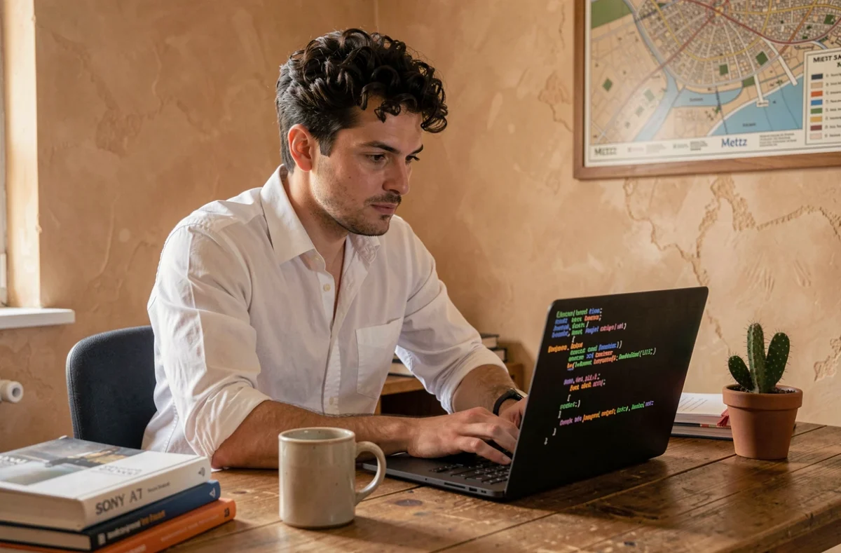Kévin Papot, développeur freelance Linux, concentré sur son terminal dans son bureau de Metz