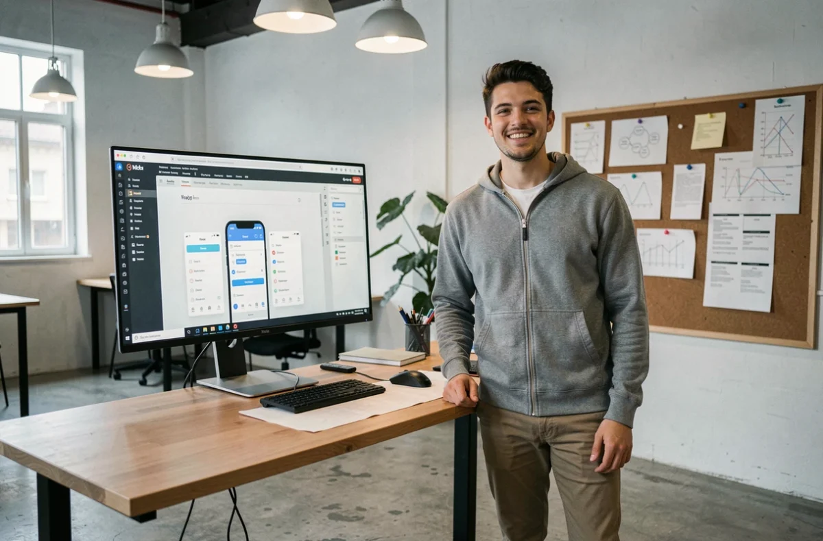 Lucas O., jeune développeur freelance, travaillant sur un prototype d'application mobile dans un studio moderne