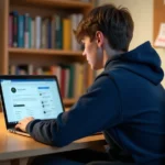 Lycéen utilisant la webmessagerie Versailles sur son ordinateur portable dans sa chambre
