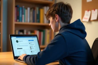 Lycéen utilisant la webmessagerie Versailles sur son ordinateur portable dans sa chambre