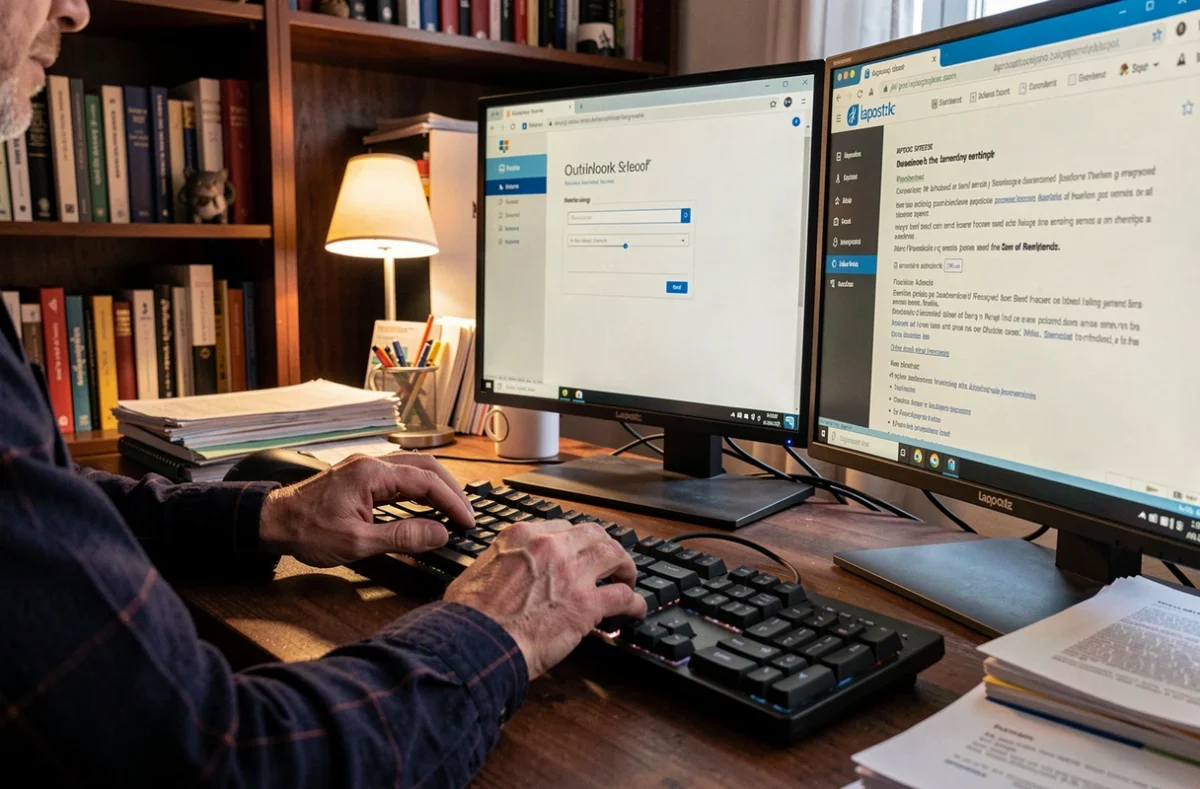 Gros plan sur des mains configurant les paramètres IMAP et SMTP de laposte.net dans Outlook sur un double écran