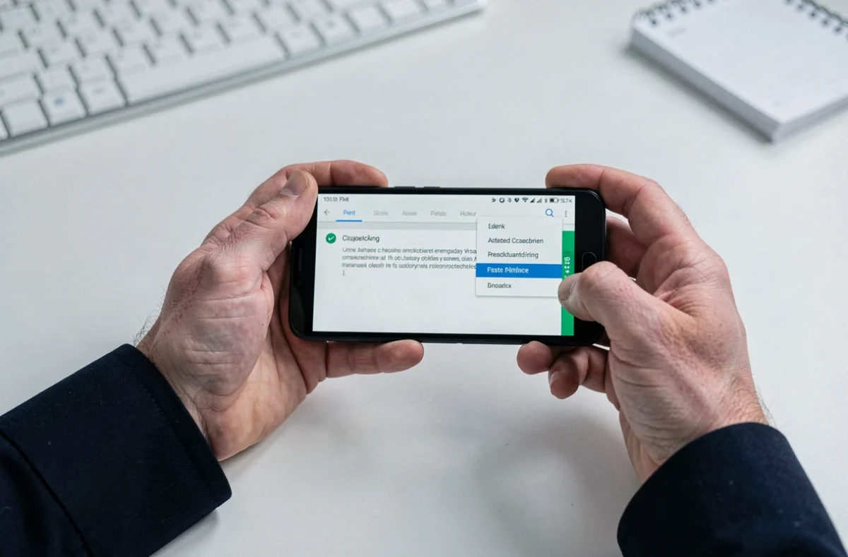 Mains tenant un smartphone Android avec un menu presse-papier ouvert sur bureau blanc