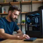 Technicien réparant un PC de bureau ouvert dans un bureau à domicile moderne, maintenance matérielle informatique