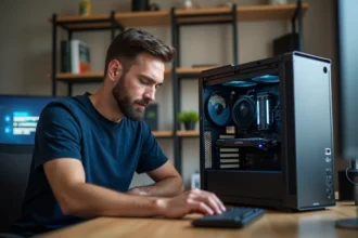 Technicien réparant un PC de bureau ouvert dans un bureau à domicile moderne, maintenance matérielle informatique