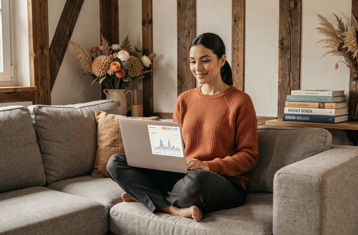 Marie L., développeuse freelance Python, travaillant sur un tableau de bord de visualisation de données dans un intérieur alsacien chaleureux