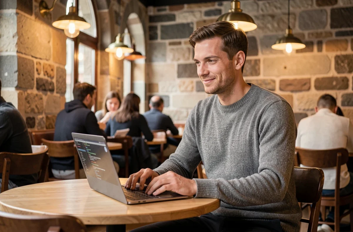 Martin Lotz, développeur freelance, travaillant sur un projet React dans un café de Strasbourg