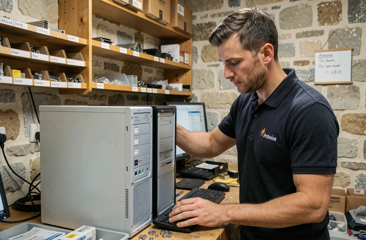 Technicien de MCPCINFO37 testant un ordinateur de bureau dans son atelier de réparation informatique à Amboise