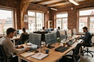 Espace de coworking moderne dans le Grand Est avec des développeurs freelance travaillant sur leurs ordinateurs