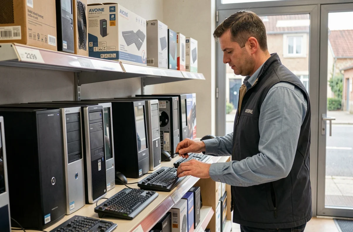 Technicien de Microccaze Informatique disposant du matériel informatique dans sa boutique d'Avoine en Indre-et-Loire