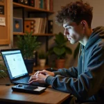 Jeune musicien en studio urbain avec ordinateur et clavier MIDI