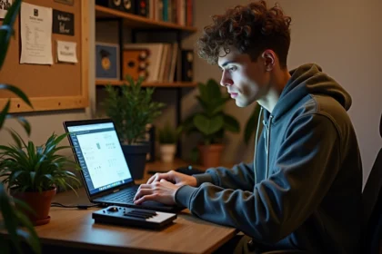 Jeune musicien en studio urbain avec ordinateur et clavier MIDI