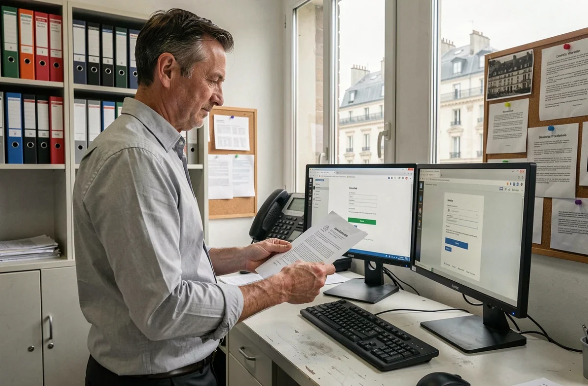 Employé en mutation consultant son courrier webmail sur un poste informatique dans un bureau administratif français