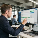 Professionnel IT configurant les paramètres de sécurité d'un navigateur web en entreprise sur un poste de travail ultrawide