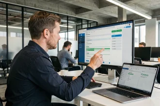 Professionnel IT configurant les paramètres de sécurité d'un navigateur web en entreprise sur un poste de travail ultrawide