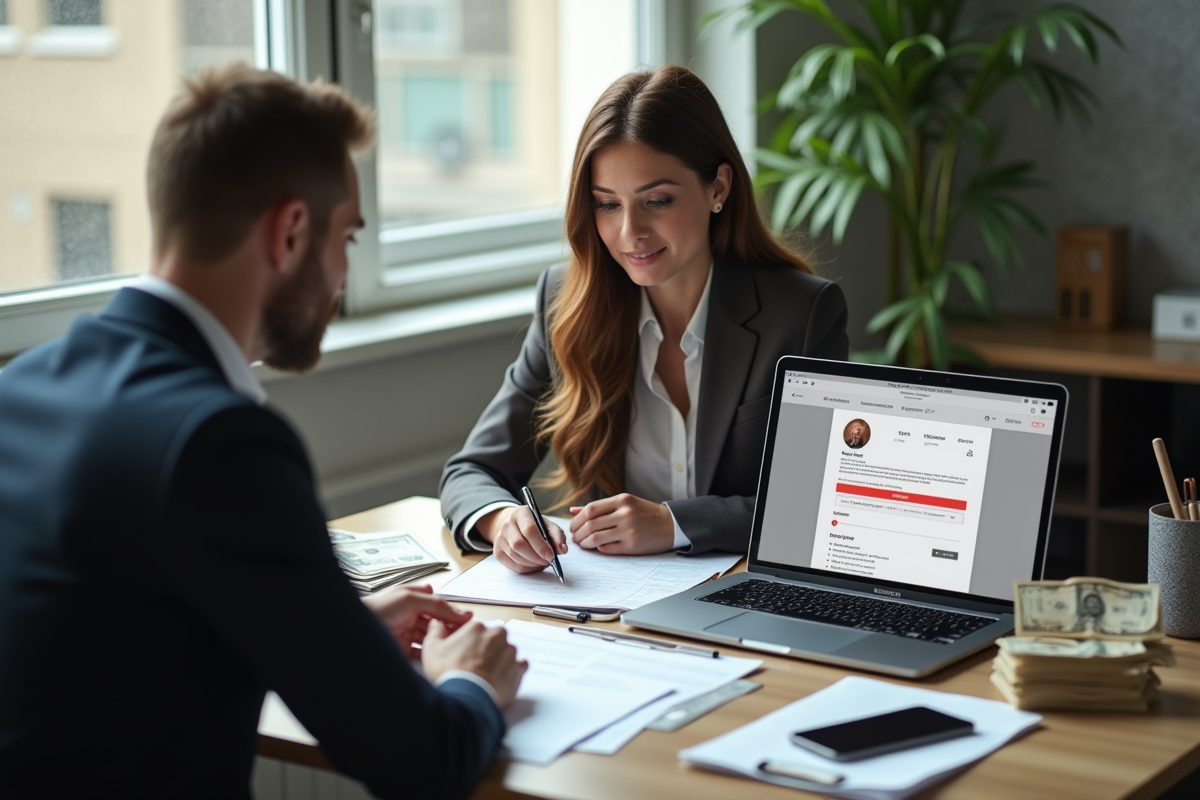 Homme et femme négociant un contrat avec argent et ordinateur