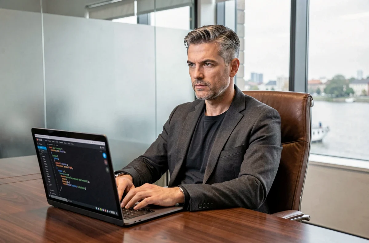 Nicolas R., développeur back-end freelance senior, dans une salle de réunion moderne avec vue sur le Rhin