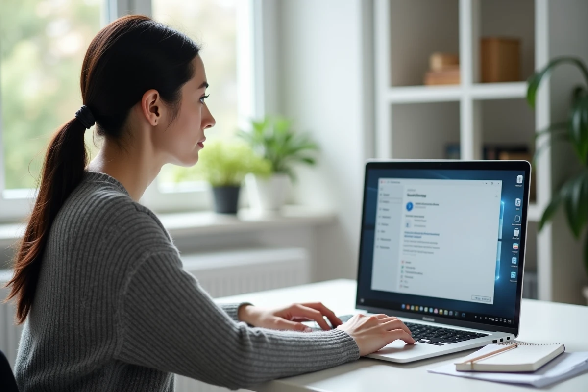Femme utilisant les paramètres système Windows sur un ordinateur portable pour optimiser et entretenir son PC