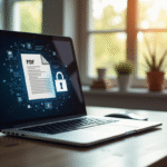 Ordinateur portable avec PDF securise sur bureau lumineux