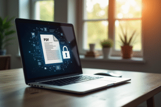 Ordinateur portable avec PDF securise sur bureau lumineux